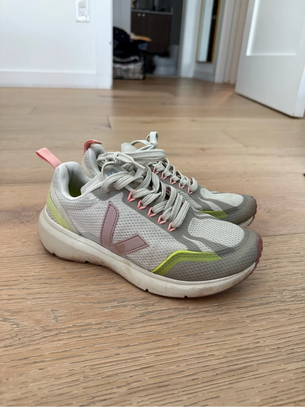 Veja Women’s Cream & Light Pink Athletic Sneakers with Lime Accent